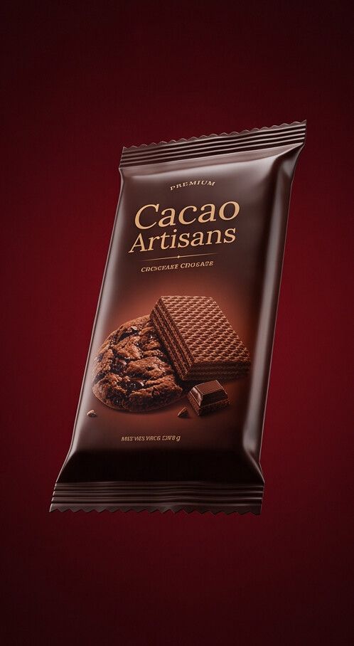 AI concept: premium dark chocolate biscuit pack floating on a deep red background