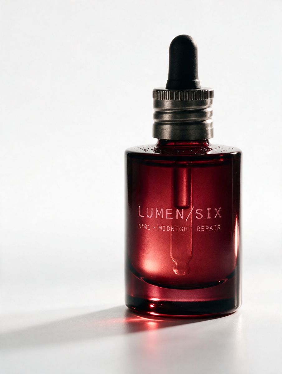 AI product still: red glass serum bottle with dropper in hard window light