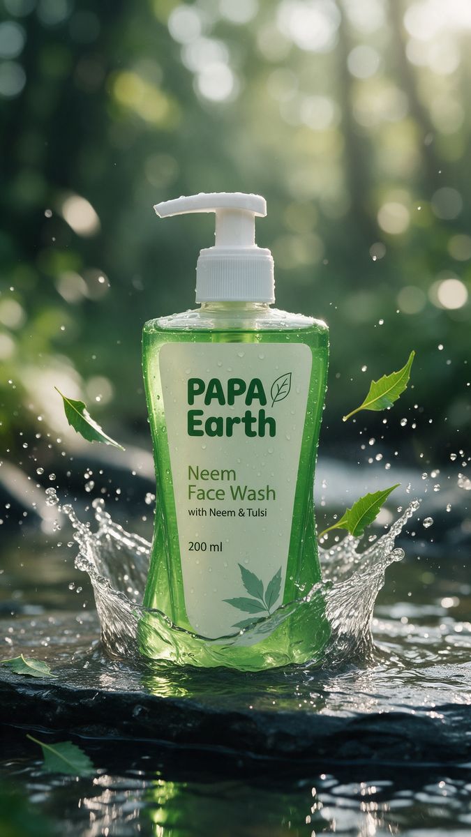 AI product ad of a neem face wash in a water splash