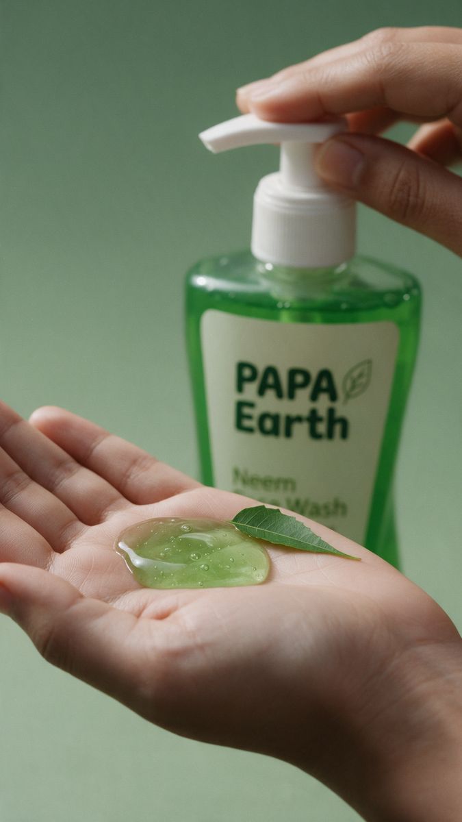 AI usage shot: hand pumping green face wash gel onto a palm next to a neem leaf