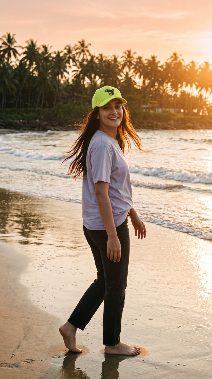 Shilpa walking on a beach at sunset