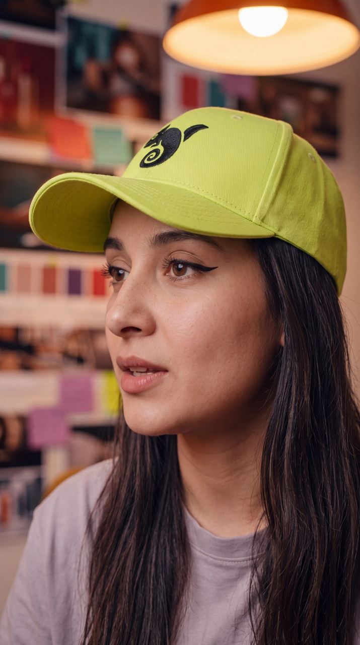 Close-up of Shilpa in her lime cap