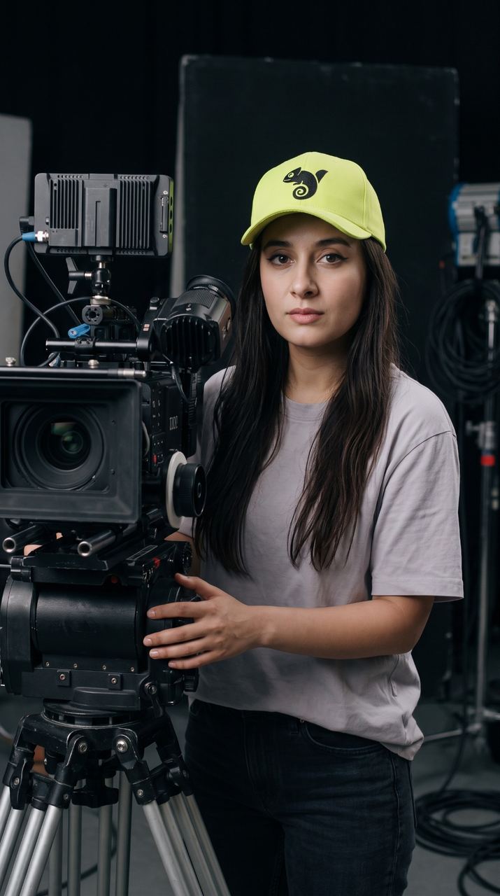 Shilpa beside a cinema camera on a film set