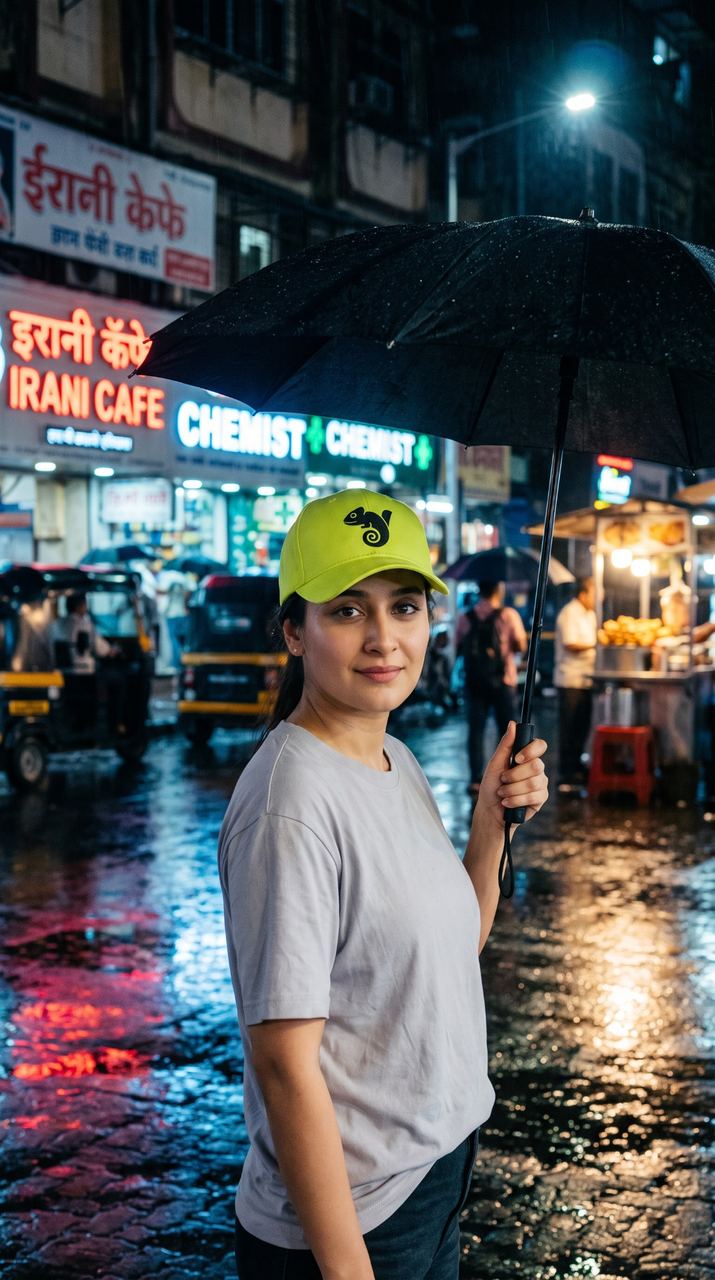 Shilpa, Tintora's AI host, on a rainy Mumbai street at night